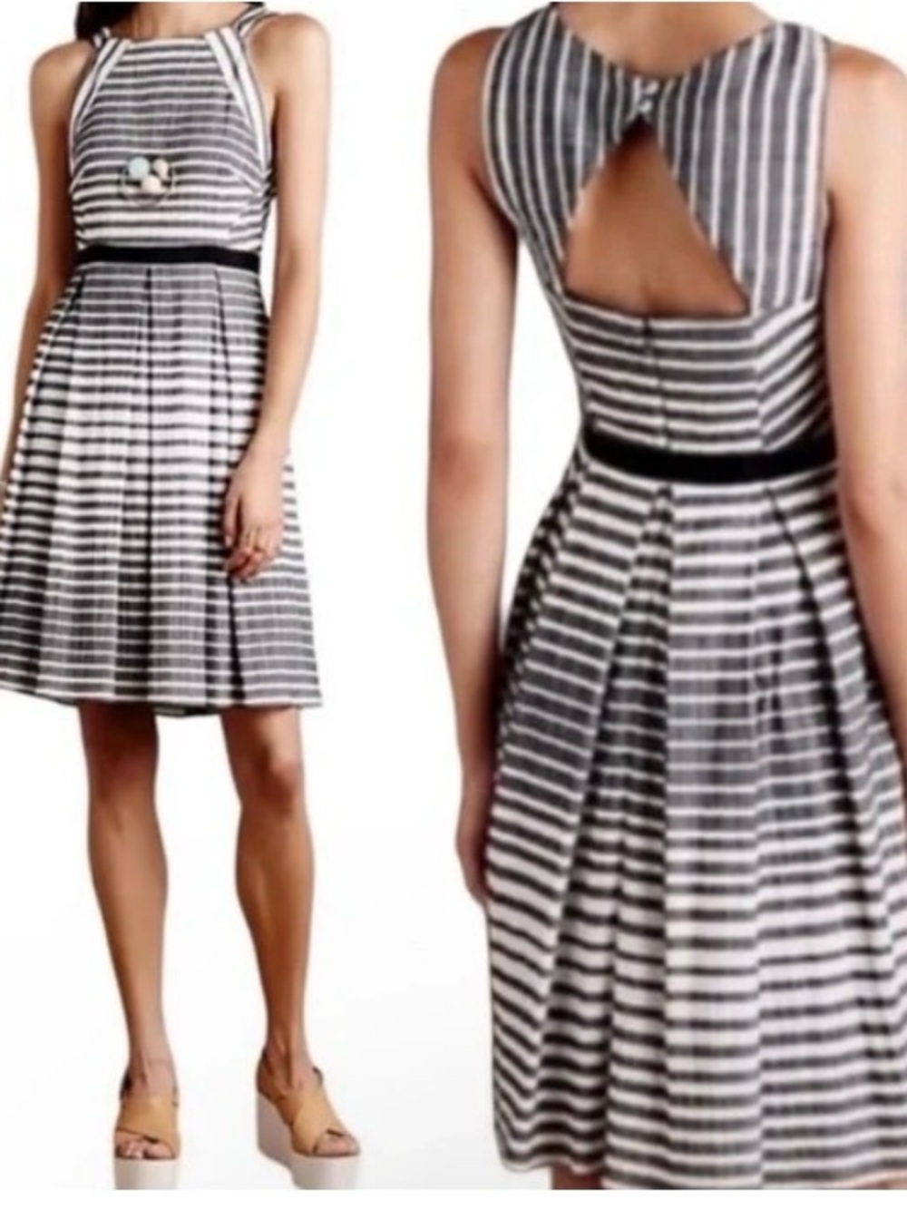 Eva Franco by Anthropologie Black and White Striped Midi Fit-and-Flare Dress